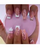 IMSOHOT Coffin Press on Nails - Long Acrylic French Ballerina False Nails | Glossy Full Cover Nude Glitter with Pink Heart Designs - 24PCS - Buy Online on GoSupps.com