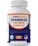 Vitamatic Vitamin D3 5000 IU - 500 Softgels for Healthy Muscle & Immune Support - Non-GMO & Gluten-Free Mini Softgels - Buy Online on GoSupps.com