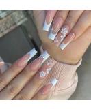 French Long Pink Coffin Fake Nails with Flower and Rhinestones - 24pcs | Press on Nail with Jelly Stickers | Ballerina Nail Tips for Women Girls - Trendy Nail Decor - Buy Online on GoSupps.com