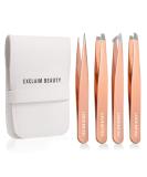 EXCLAIM BEAUTY 4-Piece Stainless Steel Precision Tweezers Set for Men & Women - Eyebrow, Splinter, and Ingrown Hair Removal - Includes Leather Case - Rose Gold - Buy Online on GoSupps.com
