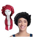 WUBAYI 2PCS Satin Bonnet Silk Bonnet Hair Wrap for Sleeping Hair Bonnet for Bath Tie Band for Women Long Curly Braid Hair Black Red - Buy Online on GoSupps.com
