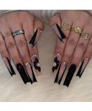 IMSOHOT Long Black French Press-On Nails 24 Pcs Glossy Acrylic with 3D Flower Charms & Rhinestones | Full Cover False Nail Tips for Women - Buy Online on GoSupps.com