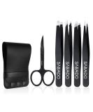5-Piece Professional Stainless Steel Tweezers Set with Curved Scissors | Precision Tweezer for Eyebrows, Splinter & Ingrown Hair Removal | Includes Leather Travel Case (Black) - Buy Online on GoSupps.com