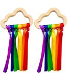 Tianbi 2x Rainbow Wooden Band Rings - Baby Bite Rings Sensory Toys Natural Ribbon Teethers Perfect Shower Gifts - Buy Online on GoSupps.com