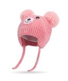 Cute Bear Kids Winter Hat | Dual Pom-Pom Ear Flaps | Fleece Lined Earflap Cap for Boys & Girls 1-5 Years | Chenille Knitted Warm Hat | Toddler Cold Weather Beanie - Pink - Buy Online on GoSupps.com