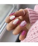 Mouyouglow Press On Nails - Short Square White Neon Pink Silver Glitter | Magenta Rose Red French Fake Nails with Glue | High-Quality AIrbrush Design - Buy Online on GoSupps.com