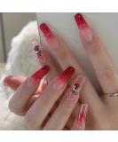 Long Coffin Red Press on Nails with Rhinestone Rose Design - Full Cover Stick on False Nails for Women - Cute Flower Artificial Nails for Valentines Day Manicure - Buy Online on GoSupps.com