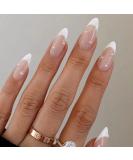 French Pearl White Tip Press-On Nails - Medium Length 24pcs Almond False Nails with Glue for Women & Girls - Buy Online on GoSupps.com