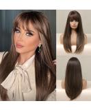 Kellynee Ombre Brown Wig with Bangs - Long Straight Heat Resistant Synthetic Hair for Women - Effortlessly Elegant for Daily Wear and Special Occasions - Buy Online on GoSupps.com
