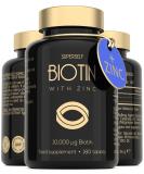 Biotin Hair Growth Tablets 10000mcg with Zinc - 180 Tablets for Hair, Skin, Nails - High Strength Biotin Supplements - UK Made - Buy Online on GoSupps.com