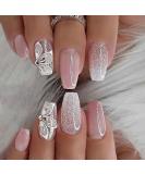 Gradient Pink Coffin Fake Nails with Butterfly Rhinestone Designs - 24pcs Medium Length Press on Nails for Women & Girls | Shiny Glossy Acrylic Full Cover False Nails - Nail Art Manicure Decoration - Buy Online on GoSupps.com