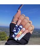 Shop Blue French Tip Press on Nails - Extra Long Coffin Ballerina Design | 24pcs Full Cover Artificial Nails with Sun Moon Clouds - Perfect for Women - Buy Online on GoSupps.com