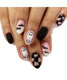 Haunted Halloween Press-On Nails | Short Oval Black Acrylic with Spooky Bat & Checkered Designs | 24 Pcs Full Cover for Women - Buy Online on GoSupps.com