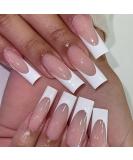 DMQ French False Nails Long 24Pcs Coffin Fake Nails White French Press on Nails Nude Pink French Nail Tips with Glue Full Cover Stick on Nails for Women Girls Nails Art French Extra Long - Buy Online on GoSupps.com
