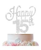 LINGTEER Happy 15th Birthday Silver Rhinestone Cake Topper - Cheers to 15th Birthday Party Decorations - Buy Online on GoSupps.com