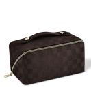 Aucuu Large Capacity Travel Cosmetic Bag | PU Leather | Waterproof | Portable Makeup Organizer - Checkered Dark Brown - Buy Online on GoSupps.com