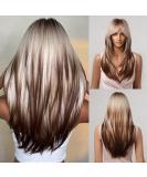 Allbell Long Straight Wigs for White Women Brown Highlight Mixed Grey Hair with Bangs ombre brown blonde 2068-9 - Buy Online on GoSupps.com