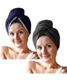 Homelevel 2x Terry Hair Turban with Button - 100% Cotton Quick Drying Hair Towels - Dark Blue & Light Gray - Perfect for Easy Hair Drying - Buy Online on GoSupps.com