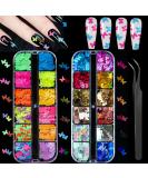 Butterfly Nail Art Glitter Sequin Kit - 2 Boxes with Tweezers for Stunning Manicure Decor | Fluorescent All-Tailed Design - Buy Online on GoSupps.com