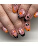 Halloween Nails | French Tip Press on Nails | Short Almond Fake Nails | Nude Pink with Ghosts & Pumpkins | 24 Pcs Glossy Acrylic Nails for Women - Buy Online on GoSupps.com