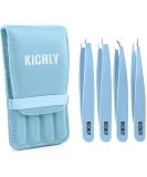 KICHLY Professional Eyebrow Tweezers Set - 4 Tweezers & Travel Leather Case - Perfect for Precision Plucking (Blue) - Buy Online on GoSupps.com