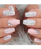 Buy Silver Glitter Press on Nails - Medium Square Fake Nails with Rhinestones | Glossy Pink & White Artificial Nails for Women & Girls | Reusable DIY Manicure - Buy Online on GoSupps.com