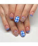 Shop Cute Press on Nails - Bee & Flower Designs | Square Full Cover Acrylic Nails - Blue & White Checkered French Tips for Summer - Perfect for Women & Girls - Buy Online on GoSupps.com