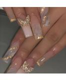 Gold Glitter Press on Nails - Long Square Glossy Ombre Acrylic with 3D Butterfly Designs | Reusable Bling Coffin Fake Nails | 24Pcs for Women - Buy Online on GoSupps.com