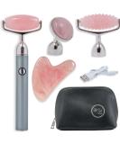 USB Rose Quartz Face Roller Massager - Vibrating Gua Sha Set with Travel Bag | Jade Roller for Eye Neck & Face Care - Buy Online on GoSupps.com