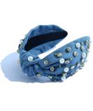 Pearly Crystal Knotted Women Headband Luxury Pink Jeweled Embellished Top Hairband Fashion Elegant Ladies Hair Band Denim - Buy Online on GoSupps.com