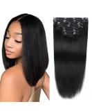 Black Women's 14 Inch Brazilian Virgin Clip in Human Hair Extensions - 100% Unprocessed Full Head Natural Black Straight Hair - 8Pcs 120g - Buy Online on GoSupps.com