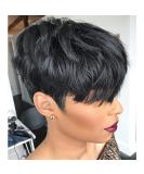 Yviann Human Hair Short Wigs Pixie Cut Wigs with Bangs Short Black Layered Wavy Wigs for Women 1B Color - Buy Online on GoSupps.com