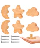 Akone Cabinet Buttons Set - 6 Wooden Star Moon & Cloud Knobs for Children's Furniture | Natural Decorative Drawer & Cupboard Hardware - Buy Online on GoSupps.com