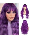 Sallcks Women's Long Curly Wavy Purple Wig with Bangs - Heat Resistant Synthetic Hair for Daily Wear, Parties, and Cosplay - Buy Online on GoSupps.com