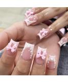 Shop Pink French Tip Press on Nails - Short Medium Square Full Cover with Pearl Bow Designs - 24 Pcs for Women & Girls - Buy Online on GoSupps.com