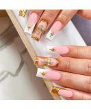 MISUD Long Square Press on Nails - Glossy 3D Gold French Tip Acrylic - 24 pcs Stick on False Nails with Rhinestones & Design for Stunning Manicure - Buy Online on GoSupps.com