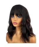 MIMISERVICE Wavy Bob Wig with Bangs - Black/Brown Highlights, 14 Inch Natural Looking Shoulder Length Curly Synthetic Hair Wig for Women - Buy Online on GoSupps.com