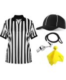 Geyoga 4 Pcs Men's Official Referee Costume Set - Black & White Stripe Shirt, Hat, Whistle, Flag for Halloween Cosplay - Buy Online on GoSupps.com