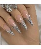 BABALAL Long Stiletto Press on Nails - Silver French Tip Glitter Acrylic Nails with Rhinestones | Manicure Set for Women & Girls - FNI16sliver - Buy Online on GoSupps.com