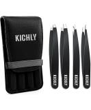 KICHLY Eyebrow Tweezers Set - 4 Precision Tweezers in Travel-Friendly Leather Case (Black) for Perfect Brows - Buy Online on GoSupps.com