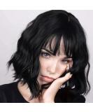 Pastel Wavy Black Bob Wig with Air Bangs | 12 Inch Short Wave Curly Wig | Heat Resistant Synthetic Shoulder Length Wig for Girls - Perfect for Parties, Costumes, and Daily Wear - Buy Online on GoSupps.com