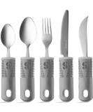 Special Supplies Adaptive Utensils 5-Piece Kitchen Set - Wide Non-Weighted Non-Slip Handles for Hand Tremors, Arthritis, Parkinson's or Elderly Use - Stainless Steel Knives, Fork, Spoons - Grey - Buy Online on GoSupps.com