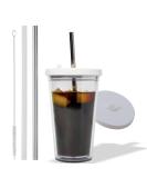 24 Oz Reusable Iced Coffee Cup with Leak Proof Double Wall Insulation - Includes Plastic & Metal Straws and Cleaner - Buy Online on GoSupps.com