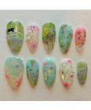 Buy BABALAL Almond Press on Nails - Medium Blue Green Acrylic Stiletto Nails with Cute Cat Flower Design - 24Pcs Handmade Glue on False Nails - Buy Online on GoSupps.com