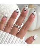 Halloween Press on Nails - Medium Almond Ghost Design | Cute Glue-on Acrylic Nails for Women & Girls | 24Pcs Full Cover French Tips - Buy Online on GoSupps.com
