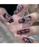 Long Coffin Press On Nails - Black Pink Star Love Pearl Design | 24pcs Full Cover Gel Nail Kit for Women - Buy Online on GoSupps.com