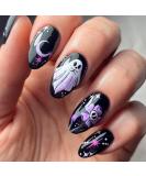 24pcs Halloween Press on Nails - Cute Ghost & Skull Designs - Short Almond Black & Purple Fake Nails for Women & Girls - Perfect Halloween Nail Art - Buy Online on GoSupps.com