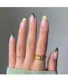 Justotry 24 Pcs Almond False Nails Short Teal and Yellow French | Nude Fake Nails with Nail Glue | Oval Stick on Nails for Women - Buy Online on GoSupps.com