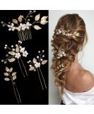 4 Pieces Bridal Wedding Hair Pins Gold Leaf Crystal Pearl Hair Pins Clips Flower Headpiece Vintage Wedding Hair Accessories for Brides Bridesmaids Women Girls Elegant - Buy Online on GoSupps.com