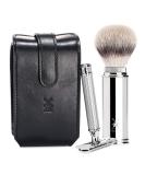 M HLE Travel Shaving Set | Silvertip Fibre Brush & Safety Razor in Black Leather Case | Premium Grooming Essentials - Buy Online on GoSupps.com